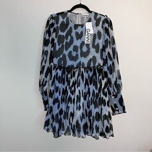 Ganni Georgette Dress Babydoll Sheer Micro Pleat Blue Leopard Print NWT Size 38